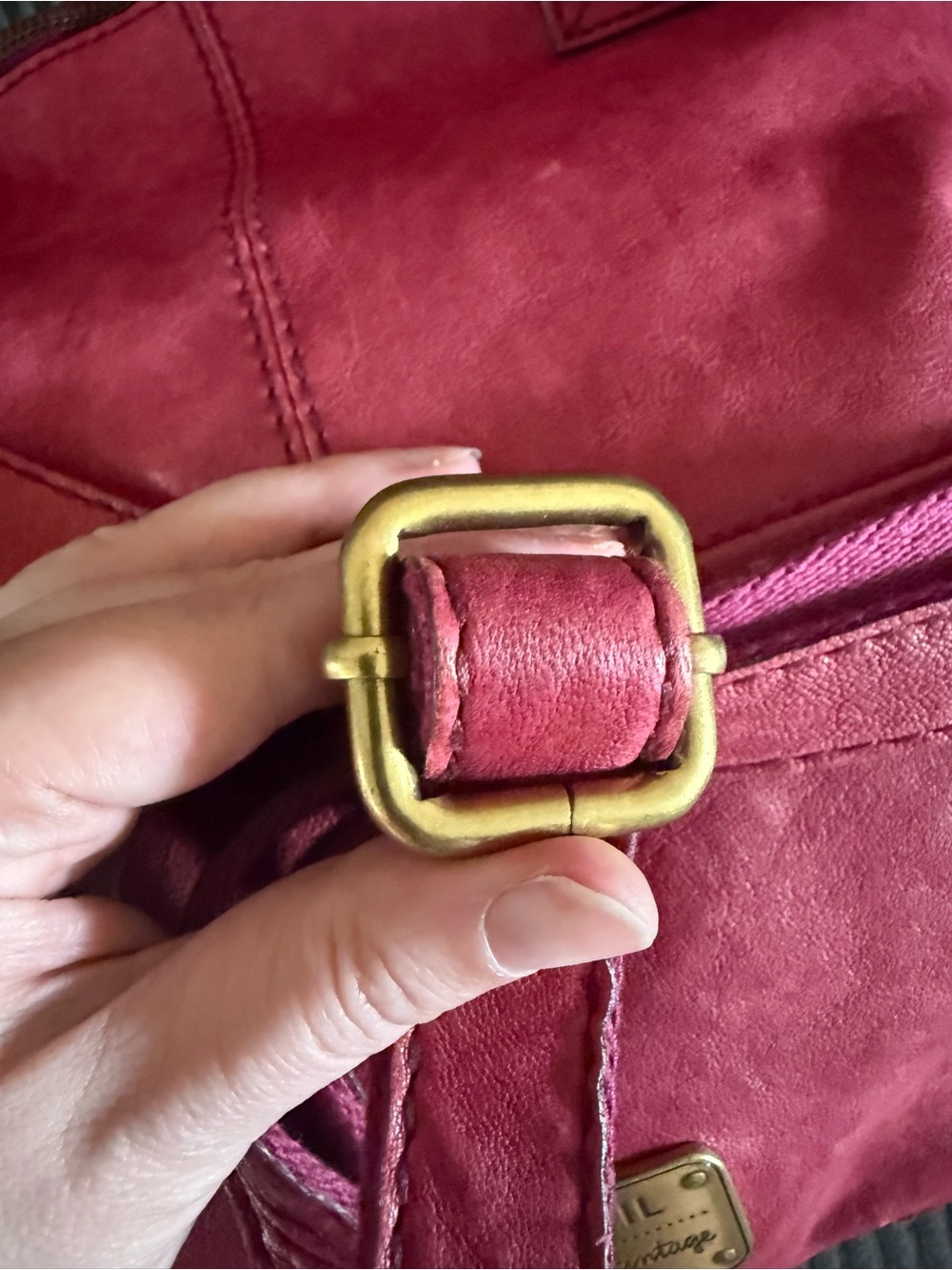 Large Fossil Maroon Leather Shoulder Bag Purse with Front Pockets and Key Fob - Picture 6 of 14